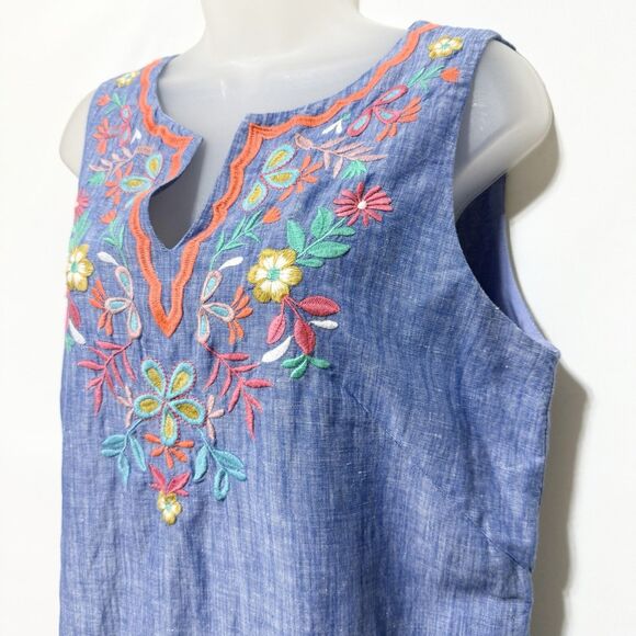 Talbots Linen Blend Floral Embroidered Chambray Shift Dress Blue Size 10 - Picture 5 of 10